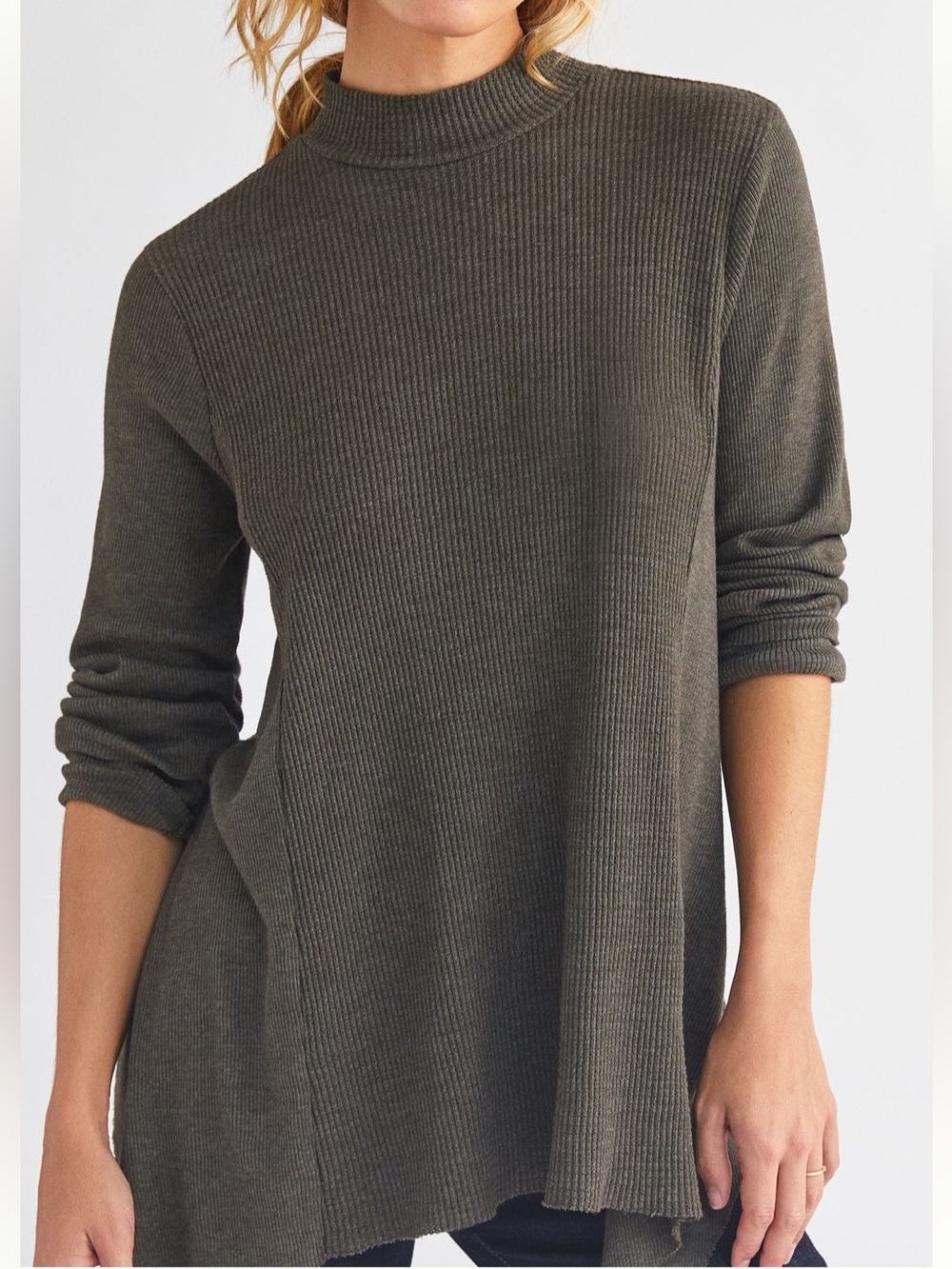 t.la Anthropologie Funnel Neck Thermal Waffle Knit Top Moss Casual Cozy Size XS